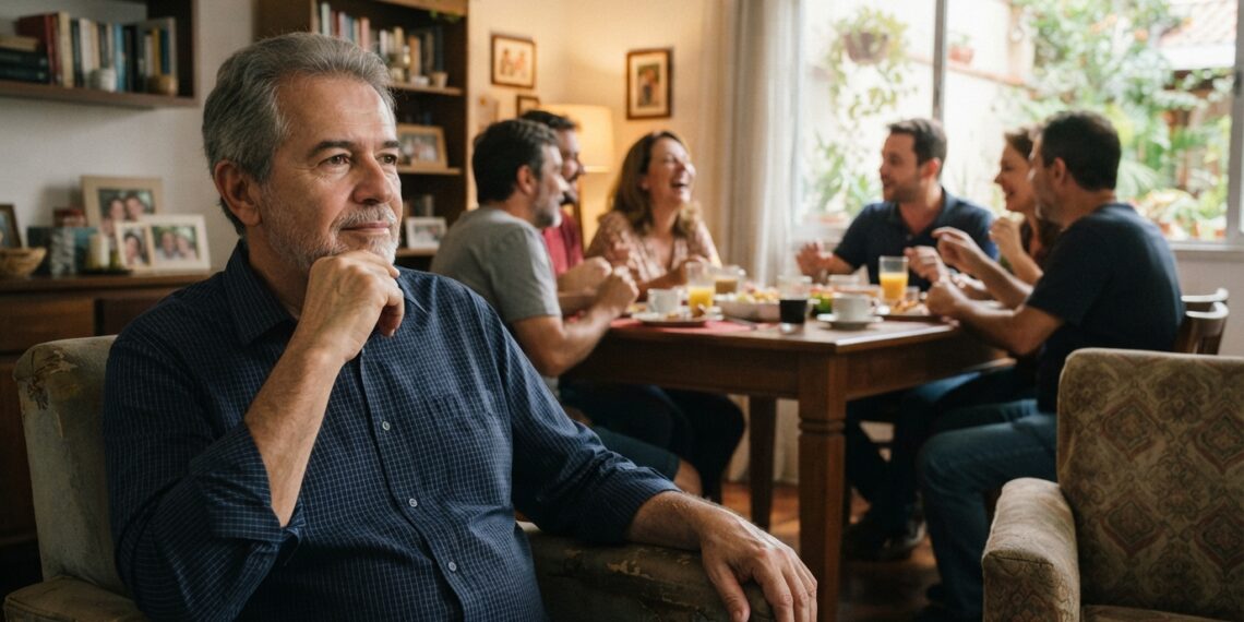 Pessoa idosa em reunião familiar sente-se emocionalmente distante mesmo estando cercada de parentes.