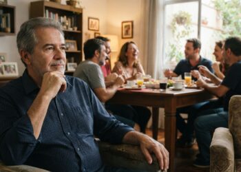 Pessoa idosa em reunião familiar sente-se emocionalmente distante mesmo estando cercada de parentes.
