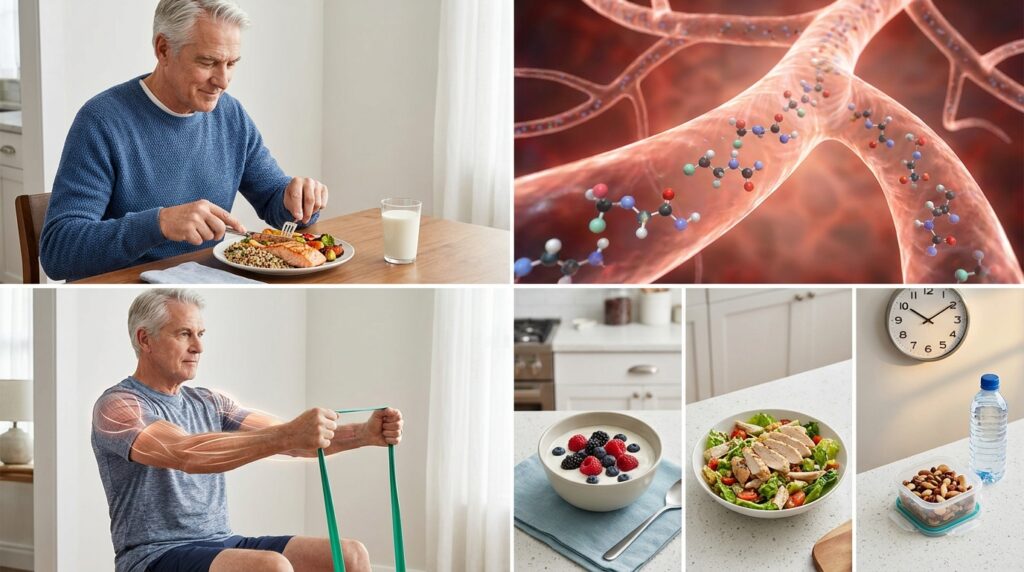 Sequência mostra ingestão de proteína, absorção de aminoácidos, estímulo muscular e distribuição ao longo do dia.