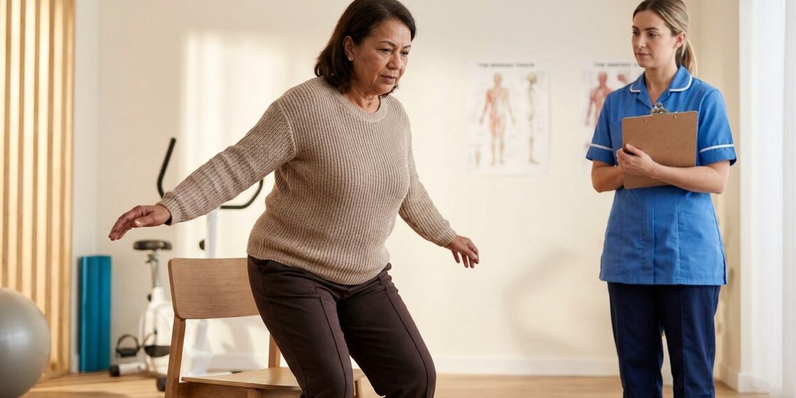 Pessoa com mais de 65 anos se levanta de uma cadeira sem usar as mãos durante avaliação funcional.