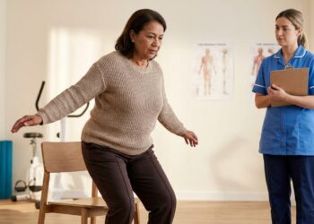 Pessoa com mais de 65 anos se levanta de uma cadeira sem usar as mãos durante avaliação funcional.