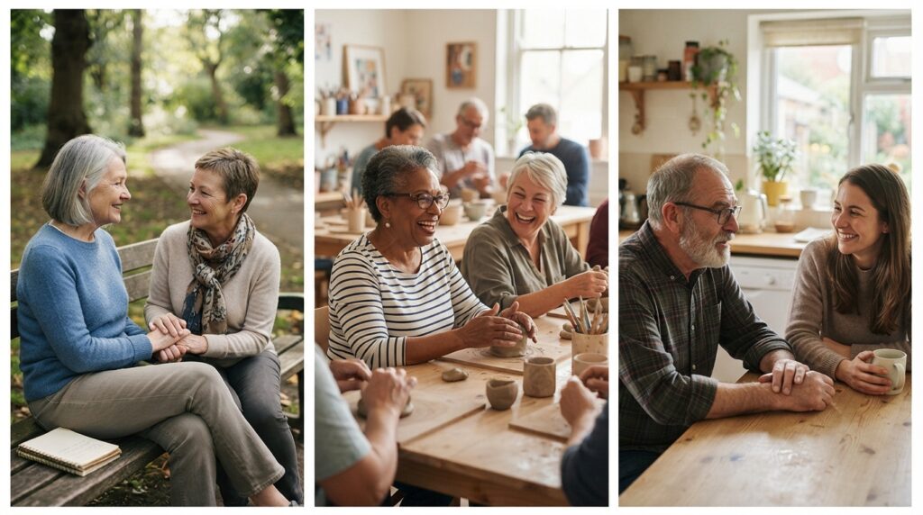Três cenas mostram conversa entre amigos, participação em atividade comunitária e diálogo entre familiares idosos e adultos.