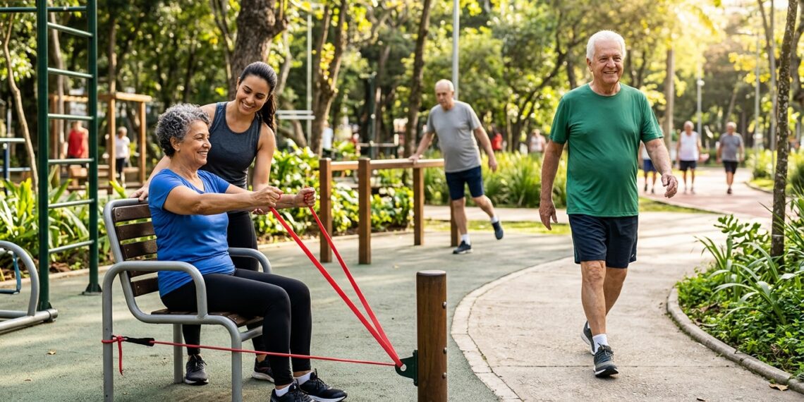 Adultos com mais de 65 anos combinam caminhada, exercícios de força e treino de equilíbrio.