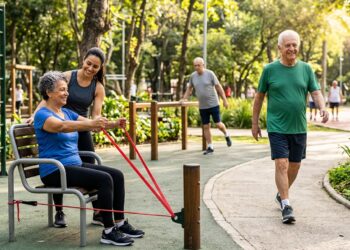 Adultos com mais de 65 anos combinam caminhada, exercícios de força e treino de equilíbrio.