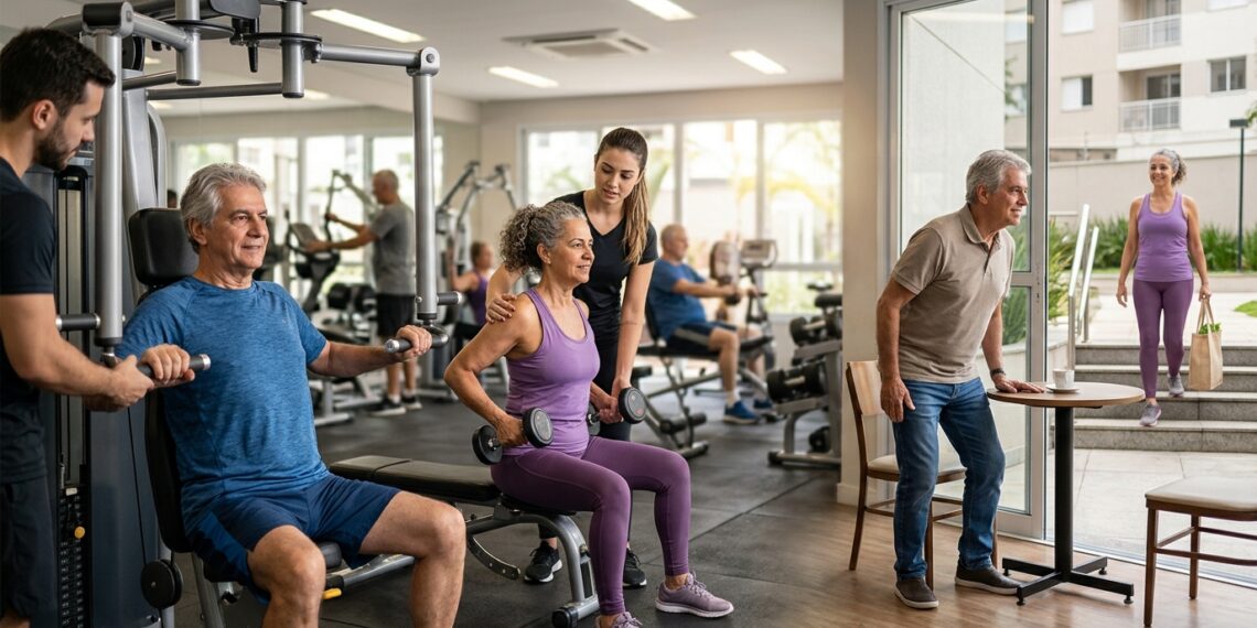 Adultos com mais de 60 anos fazem treino de força com foco em autonomia e tarefas do dia a dia.