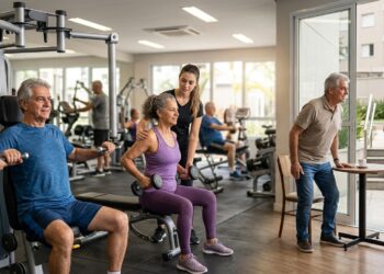 Adultos com mais de 60 anos fazem treino de força com foco em autonomia e tarefas do dia a dia.