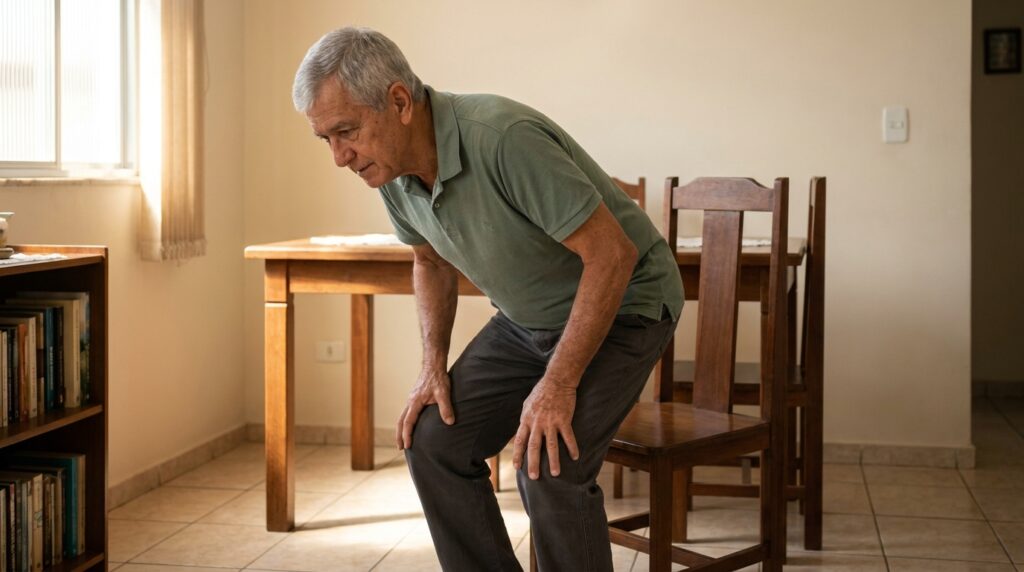 Homem brasileiro de aproximadamente 72 anos levanta de uma cadeira de madeira apoiando as duas mãos nos joelhos.