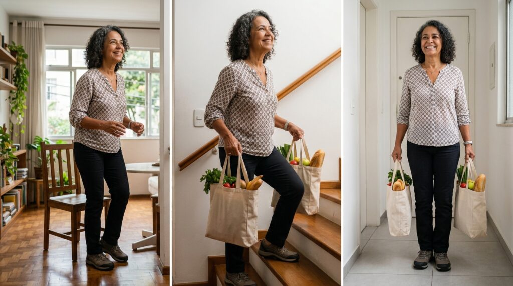 Mulher com mais de 60 anos levanta da cadeira, sobe escadas e carrega compras com autonomia.