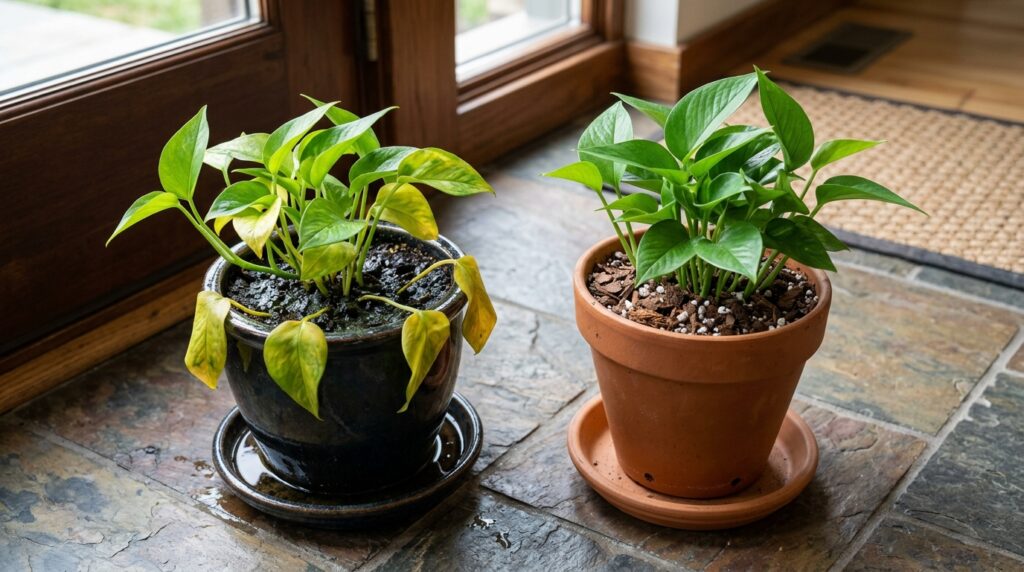 Planta com folhas amarelas aparece em vaso encharcado ao lado de outra com boa drenagem.
