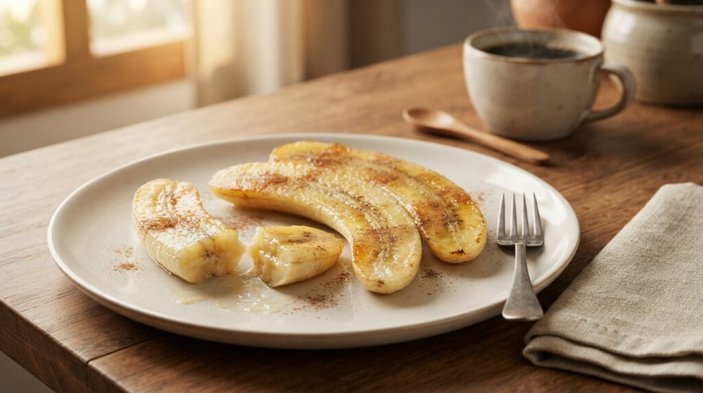 Sobremesa de banana dourada com canela servida em prato de cerâmica clara, com interior macio e superfície levemente tostada.