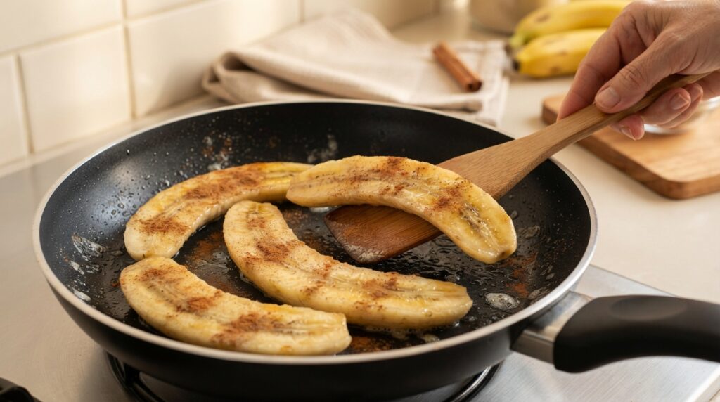 Quatro metades de banana douradas na manteiga, polvilhadas com canela, dentro de uma frigideira preta sobre o fogão.