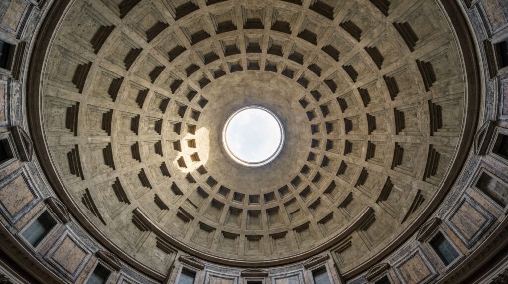 Visitantes observam a imensa cúpula do Panteão de Roma a partir do interior do edifício histórico.