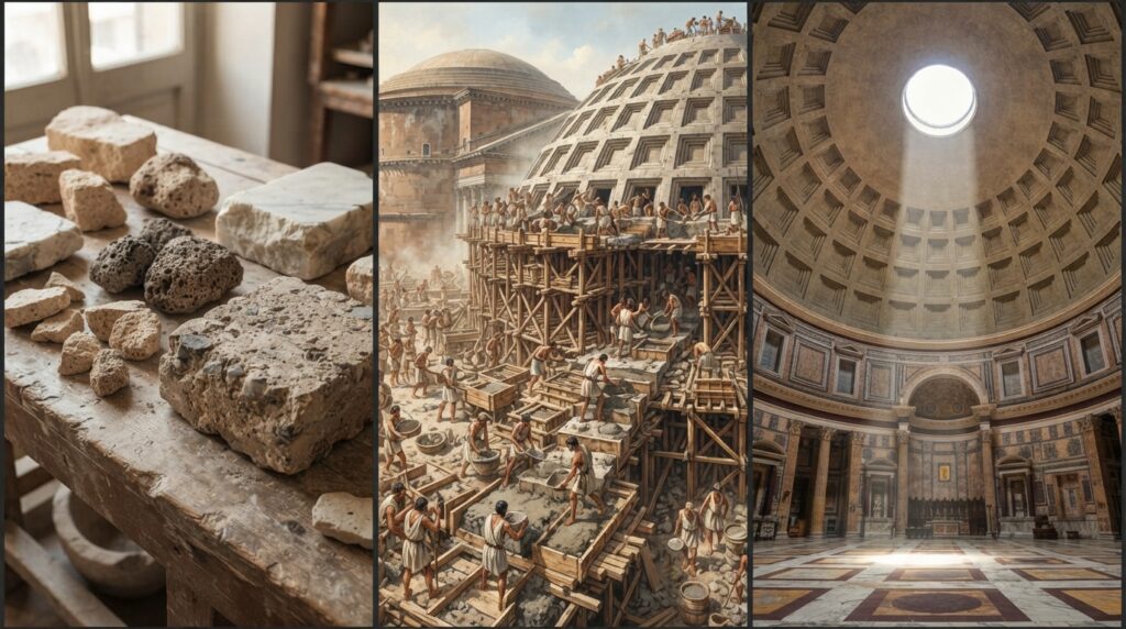 Tríptico sobre o Panteão de Roma com materiais minerais, representação da construção antiga e cúpula preservada.