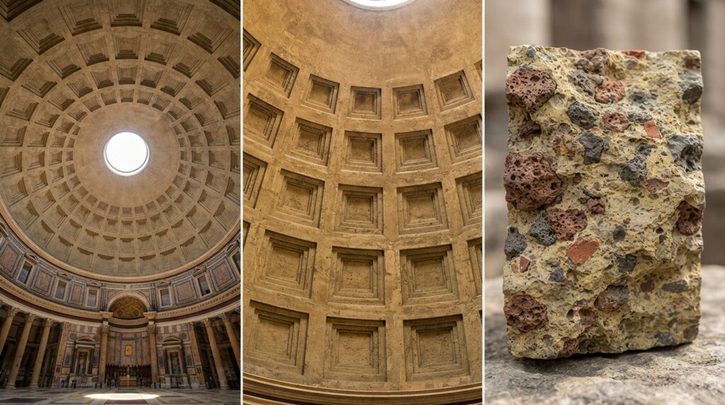 Três imagens ilustram a geometria da cúpula do Panteão, seus caixotões e a composição do concreto romano.