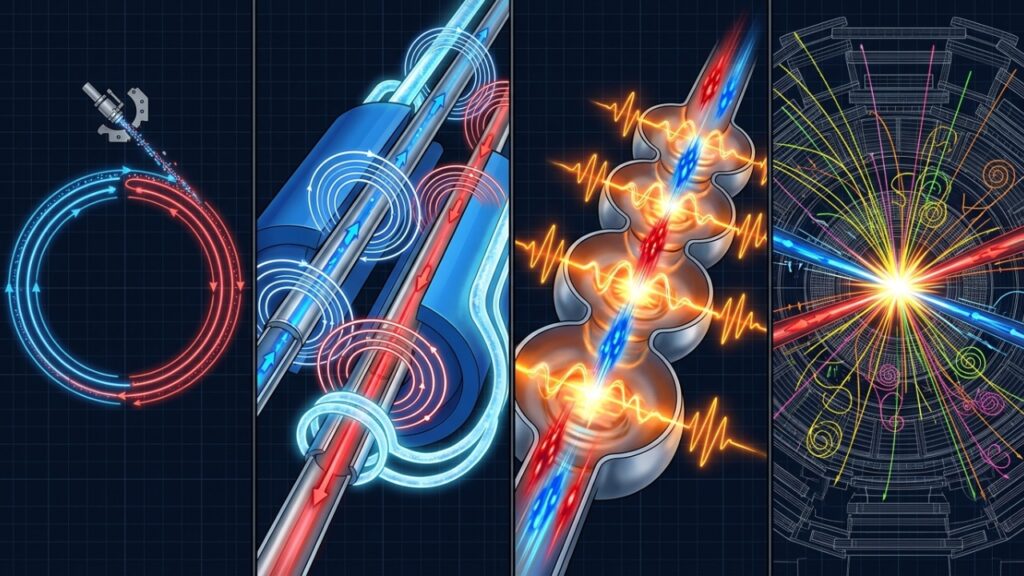 Particle_accelerator_four-panel_%E2%80%A6_20261009124917-1024x576 A 100 metros debaixo da terra existe um anel de 27 km com mais de 9 mil ímãs, onde equipamentos trabalham perto de −271 °C para acelerar partículas