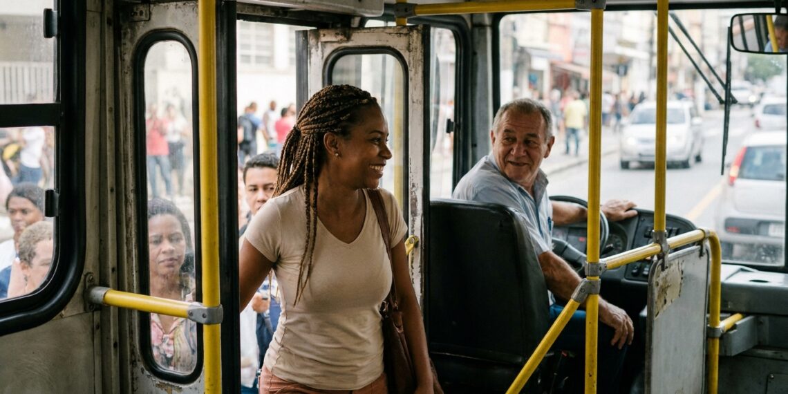 Passageiros entram em um ônibus urbano e cumprimentam o motorista durante a rotina diária.