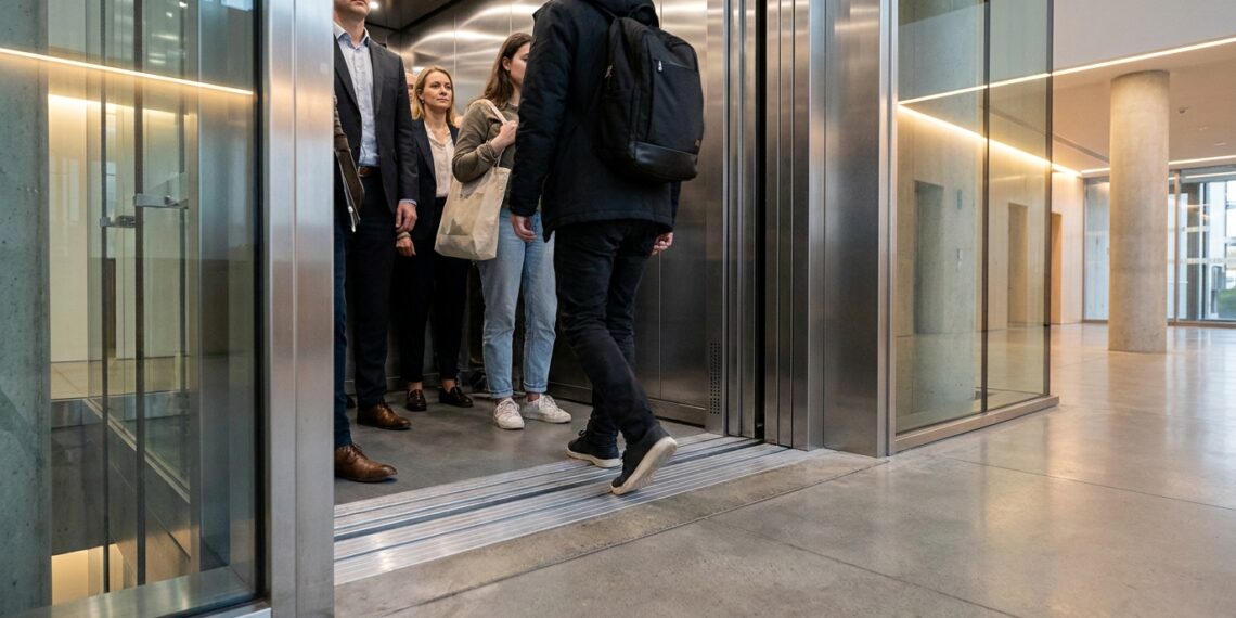 Elevador moderno alinhado ao piso do andar, pronto para receber passageiros.
