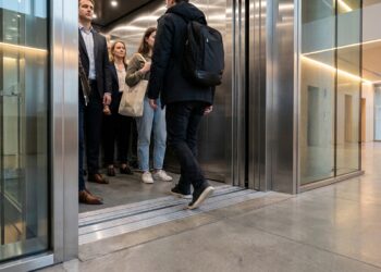 Elevador moderno alinhado ao piso do andar, pronto para receber passageiros.