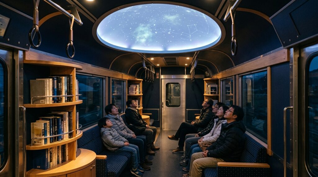 Interior do vagão temático do HIGH RAIL 1375 com projeções de estrelas no teto.