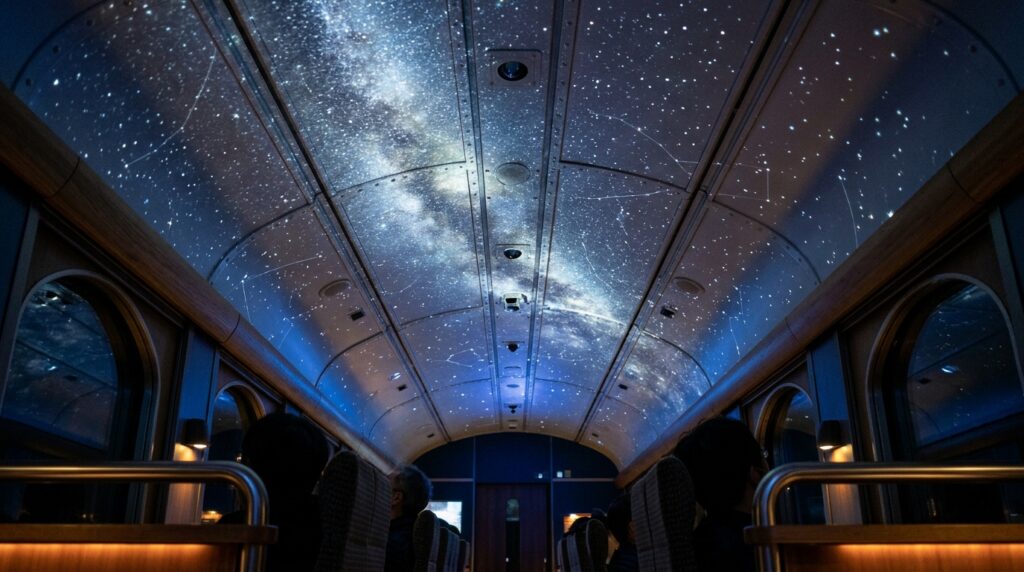 Projeção de estrelas e constelações no domo do vagão astronômico do trem.