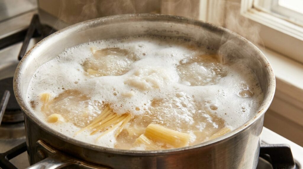 Espuma branca formada pelo amido na superfície da água durante o cozimento do macarrão.