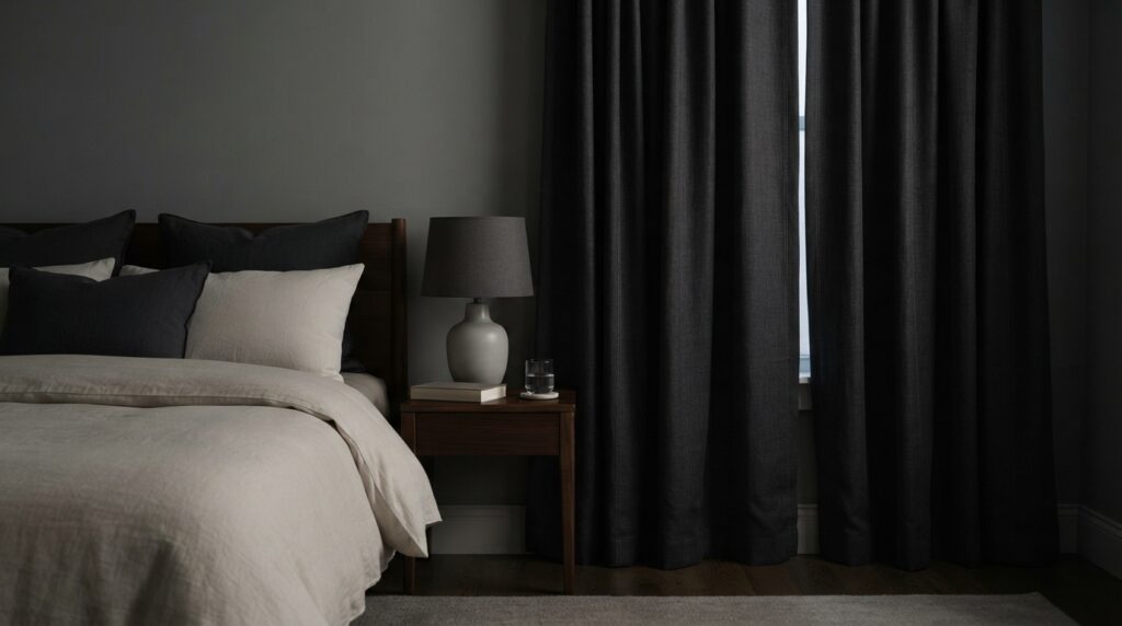 Cortinas blackout fechadas e iluminação apagada em um quarto preparado para dormir.