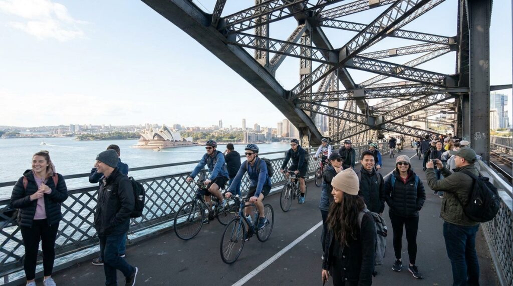 Pedestres e ciclistas atravessam a Sydney Harbour Bridge enquanto observam o porto e a paisagem de Sydney.