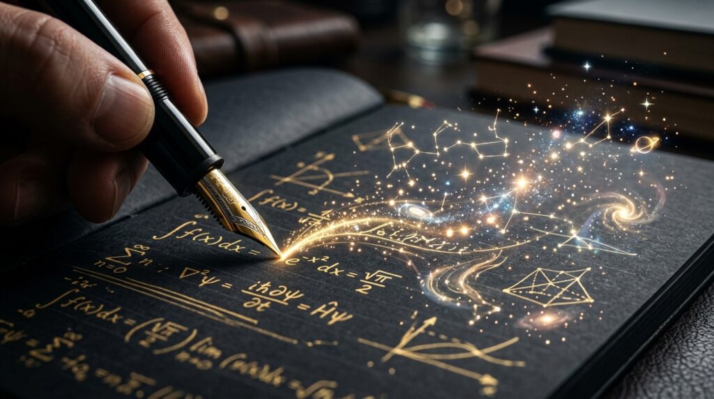 Caneta escreve fórmulas em um caderno enquanto linhas de luz se transformam em formas criativas e cósmicas.