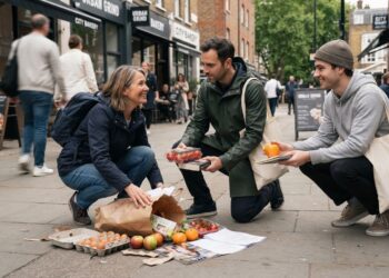 Duas pessoas ajudam um desconhecido a recolher compras espalhadas na calçada de uma rua urbana.