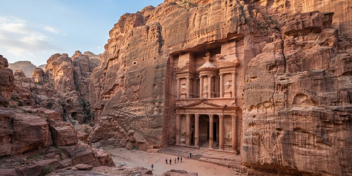 Fachada monumental de Petra, na Jordânia, esculpida diretamente nas montanhas de arenito avermelhado.
