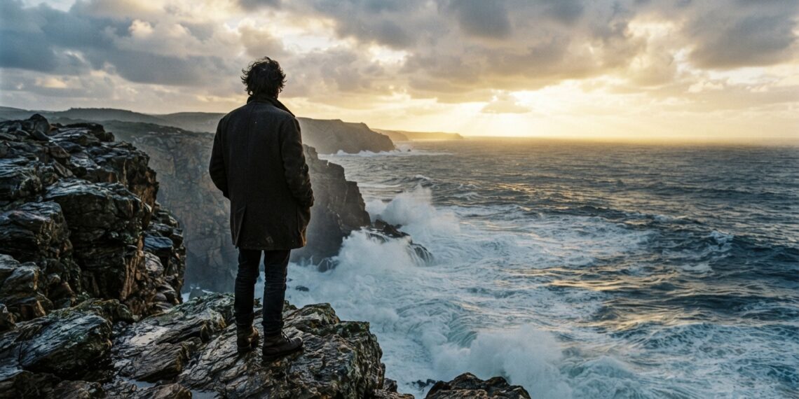 Pessoa contempla o oceano Atlântico de um miradouro rochoso ao amanhecer.