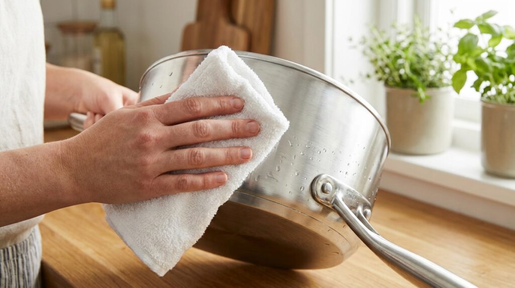 Pessoa seca uma panela de aço inox com um pano de algodão limpo após a lavagem.