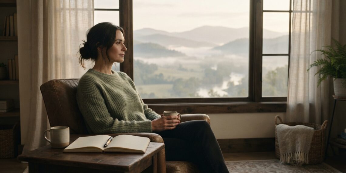 Pessoa contempla uma paisagem ao amanhecer, em um momento de silêncio e reflexão sobre o próprio tempo.