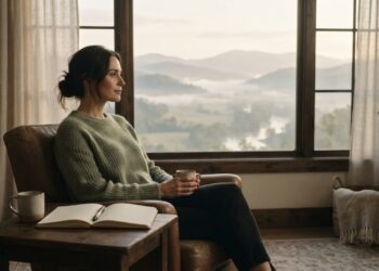 Pessoa contempla uma paisagem ao amanhecer, em um momento de silêncio e reflexão sobre o próprio tempo.