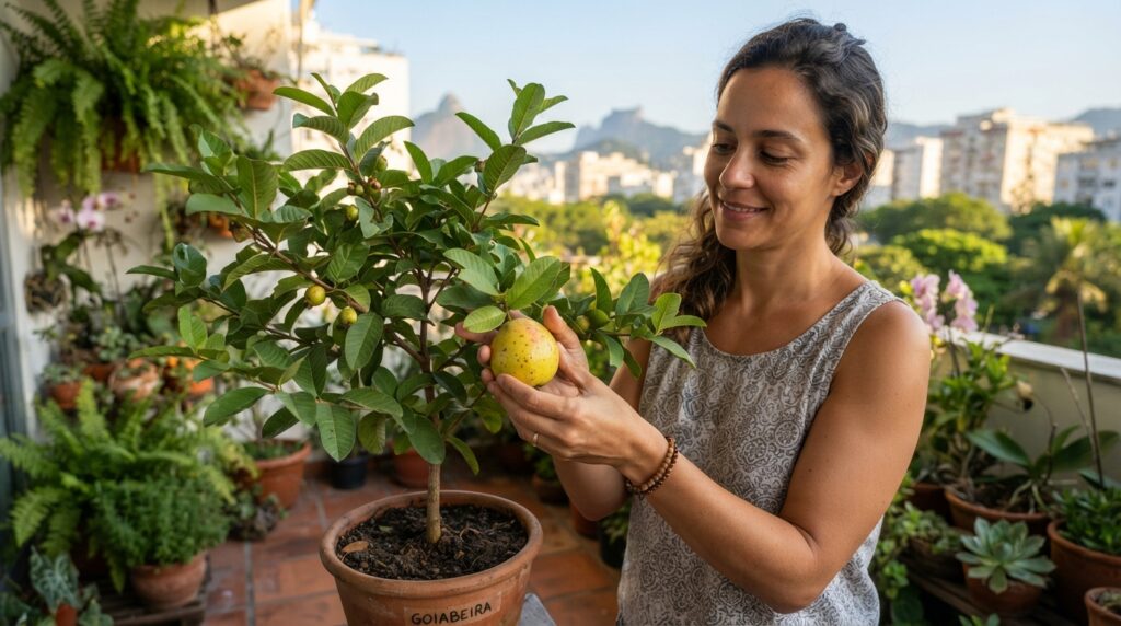 Pessoa colhendo uma goiaba madura de uma árvore cultivada em vaso na varanda de casa.