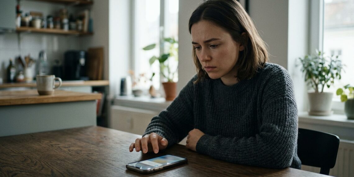 Pessoa observa uma mensagem no celular enquanto reflete sobre a dificuldade de recusar um pedido.