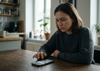 Pessoa observa uma mensagem no celular enquanto reflete sobre a dificuldade de recusar um pedido.