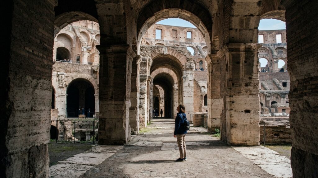 Visitante observa os grandes arcos e pilares de pedra no interior do Coliseu de Roma.