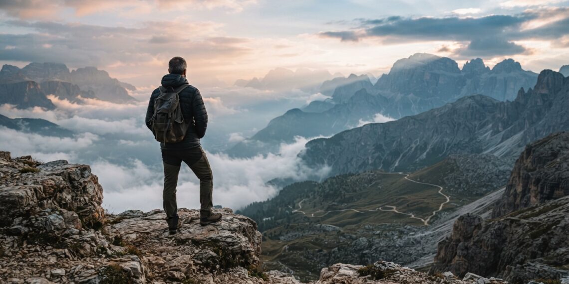 Pessoa contemplando uma trilha entre montanhas ao amanhecer, representando a busca por propósito diante das dificuldades da vida.