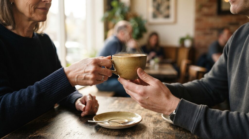 Person_offering_coffee_cup_20261015150739-1024x572 A psicologia sugere que pequenas gentilezas podem se espalhar além de quem recebeu o gesto, porque a gratidão também aumenta a disposição de ajudar outras pessoas