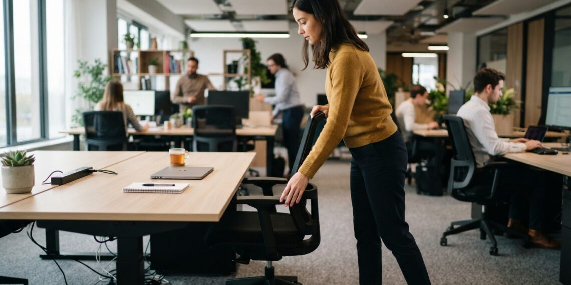 Pessoa empurra a cadeira para debaixo da mesa após usar um espaço de trabalho compartilhado.