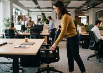 Pessoa empurra a cadeira para debaixo da mesa após usar um espaço de trabalho compartilhado.