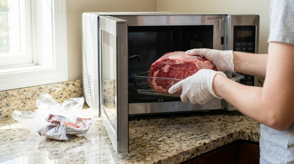 Carne crua em um recipiente próprio sendo descongelada no micro-ondas.