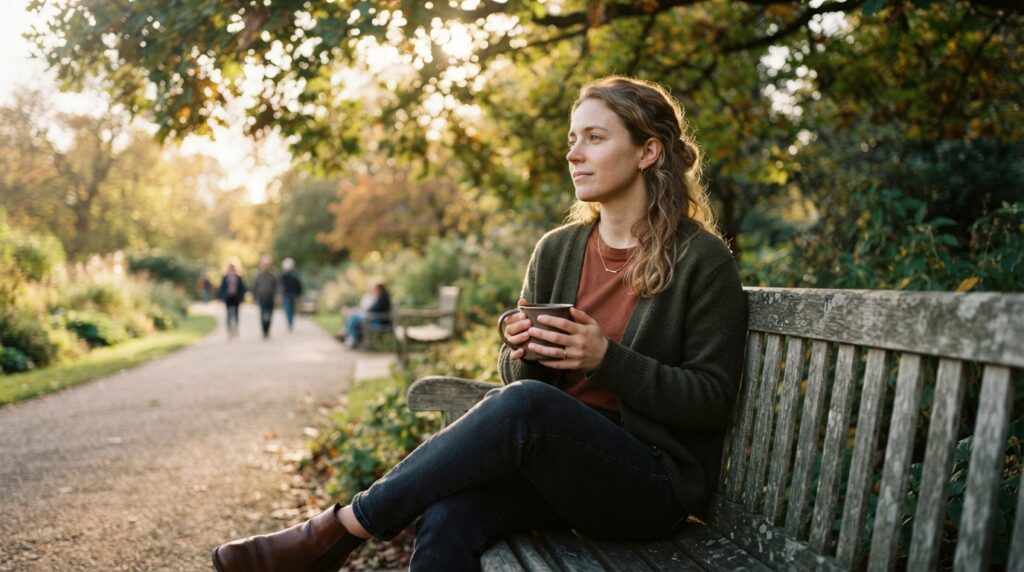 Pessoa sentada em um banco de parque, segurando uma xícara e contemplando tranquilamente o ambiente.