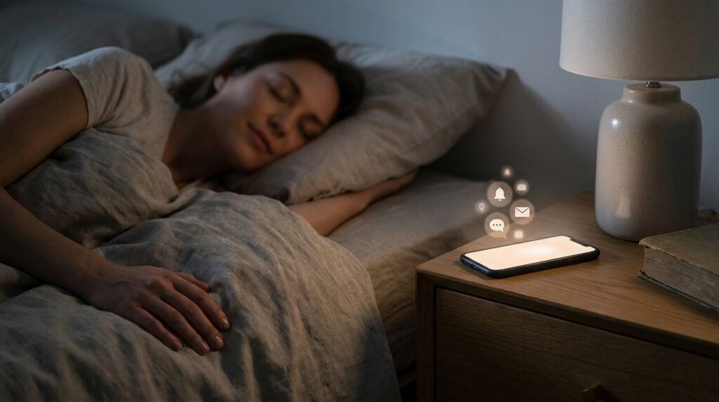 Pessoa dormindo ao lado de um smartphone que recebe notificações durante a noite.