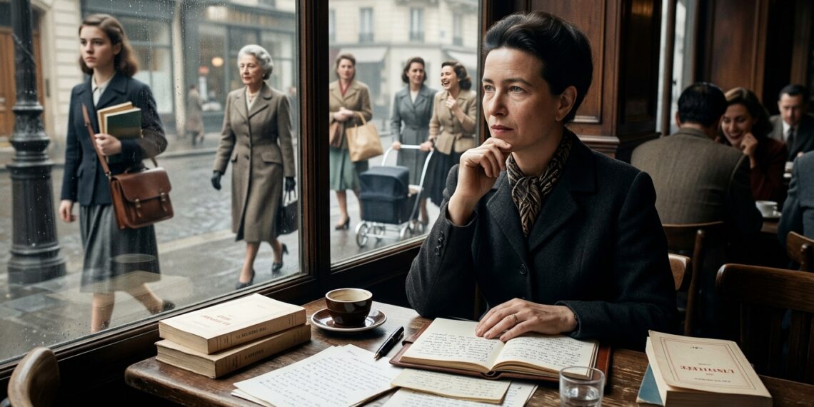 Simone de Beauvoir em um café parisiense observa mulheres seguindo diferentes caminhos pela cidade.