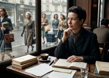 Simone de Beauvoir em um café parisiense observa mulheres seguindo diferentes caminhos pela cidade.
