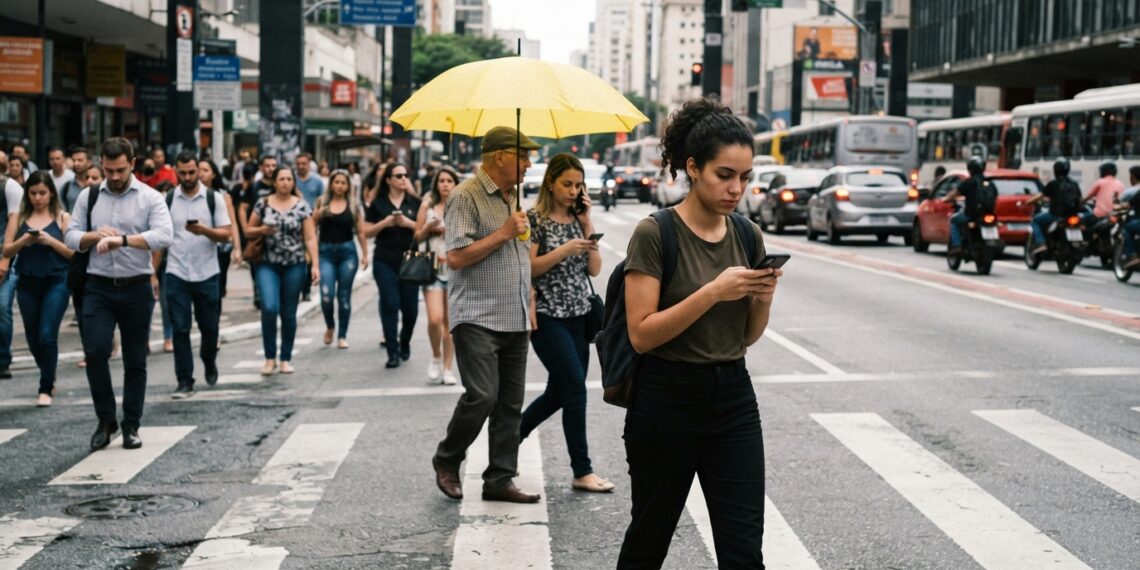 Pedestre concentrado no celular atravessa uma rua movimentada enquanto outros acontecimentos ocorrem ao redor.