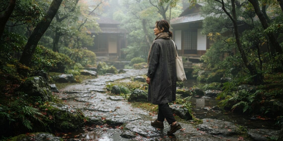 Pessoa caminha por um jardim japonês depois da chuva, simbolizando perseverança e recomeço.