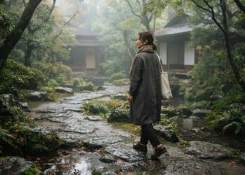 Pessoa caminha por um jardim japonês depois da chuva, simbolizando perseverança e recomeço.